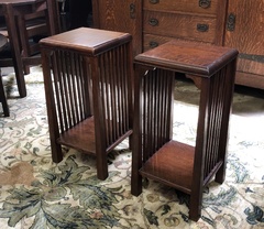 Rare pair Arts & Crafts  stands with spindles and reverse tapered legs. Stickley era